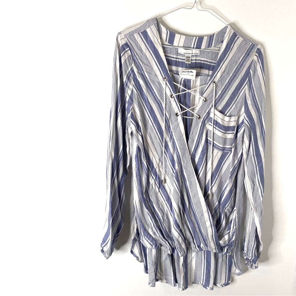 Fourteenth Place Blue White Striped Lace-Up Wrap Blouse Hi-Lo NWT